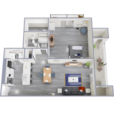 a sq. ft. apartment with gray wood flooring and a gray accent wall